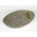 A VICTORIAN CONCAVE WHITE METAL SNUFF BOX having a hinging lid engraved in block capitals 'John