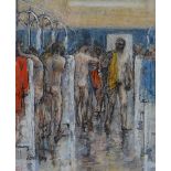 VALERIE GANZ mixed media - male figures in a shower room of a colliery, signed, 30 x 25cms (framed