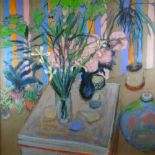 JACK SHORE acrylic on board - entitled verso 'Still Life With Irises', signed, 88 x 87cms (framed