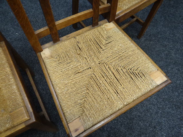 SIX RUSH SEATED BRYNMAWR OAK CHAIRS having lattice backs - Image 6 of 13