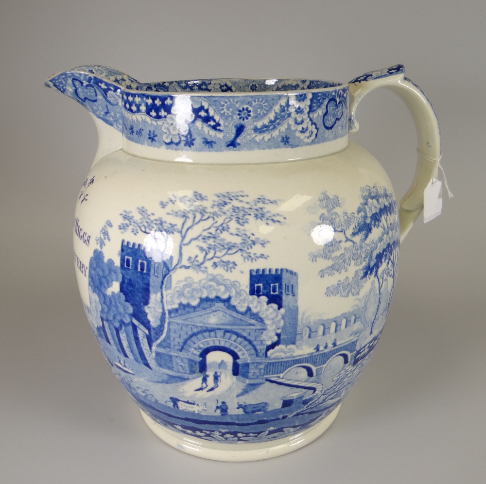 A CAMBRIAN POTTERY BLUE & WHITE TRANSFER JUG IN THE 'CASTLE GATEHOUSE' PATTERN and with additional - Image 2 of 4