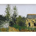 GWILYM PRICHARD oil on board - farm building with trees, entitled verso 'Path From a Farm,