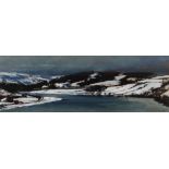 MARTIN COLLINS acrylic on board - Conwy river in snow, entitled verso 'Avon Conwy, Deep Winter',