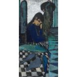 CLAUDIA WILLIAMS oil on board - young seated girl by stairs in contemplation, unsigned, 75 x