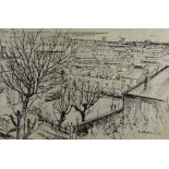 ARTHUR CHARLTON (1917-2007) pen and ink drawing - the roof tops of Swansea with old motorcar,