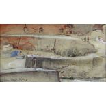 JOHN KNAPP-FISHER watercolour - figures walking on harbour wall above boats, signed and titled verso