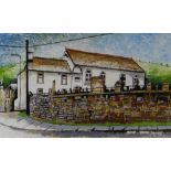 HOWELL DAVIES oil on panel - chapel with graveyard, entitled verso 'Welsh Chapel (Nantymoel)',