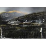 DARREN HUGHES mixed media - Snowdonia landscape with village and barbed wire fence, entitled