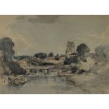 ARTHUR E DAVIES watercolour and mixed media - river scene with bridge and cathedral/church, signed