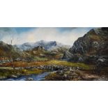 GWYNETH TOMOS oil on canvas - expansive Snowdonia landscape with river and old stone bridge,