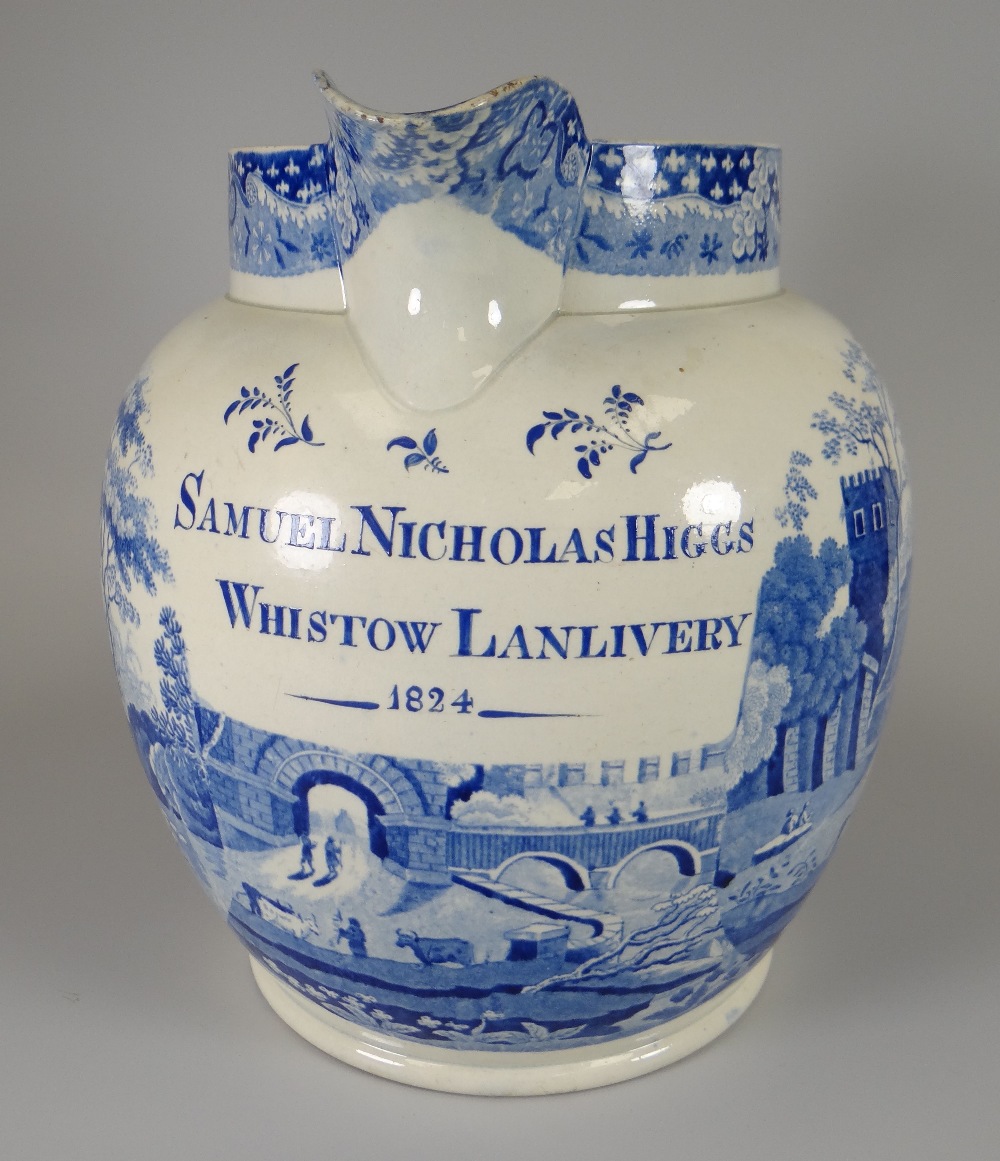 A CAMBRIAN POTTERY BLUE & WHITE TRANSFER JUG IN THE 'CASTLE GATEHOUSE' PATTERN and with additional