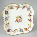 A SWANSEA PORCELAIN SQUARE DISH of rounded and fluted form with dentil gilded rim, decorated with