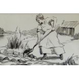 DELYTH LLWYD EVANS DE JONES pair of pen and ink drawings - relating to the Welsh settlement in