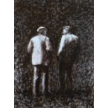 ANEURIN JONES mixed media - two standing farmers, entitled verso 'Llwyn Cor', signed, 52 x 39cms (