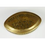 A VICTORIAN BRASS POINTED OVAL SNUFF BOX inscribed in block capitals 'William Weed Pochin Pit