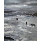 PETER JOHN JONES oil on canvas - solitary figure wading by the shore under moonlight, signed with