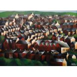 HUW BRYS oil on canvas - terraced houses and school in a South Wales valley, entitled verso 'Lower