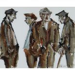 MIKE JONES mixed media on paper - four figures, entitled verso 'Farmers' on Albany Gallery label