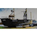 HOWELL DAVIES mixed media on board - study of a fishing vessel, entitled verso 'Sammy J -