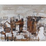 GWILYM PRICHARD mixed media on linen - a study of buildings, signed in pencil, 39 x 49cms (framed