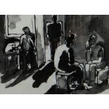 JOSEF HERMAN pen and inkwash - interior scene with figures with standing figure at the door,