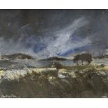 JOHN KNAPP-FISHER oil on board - windswept landscape with distant trees, entitled verso 'Channel