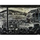 ARTHUR CHARLTON (1917-2007) wood engraving - a football match at the Vetch Field, Swansea with