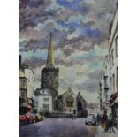 GRAHAM BROOKS watercolour - street scene with figures, entitled verso 'St Mary's Church, Tenby',