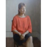 HARRY HOLLAND oil on board - portrait of a seated lady in pink shirt, entitled 'Sue', signed, 80 x