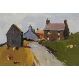 DONALD McINTYRE oil on board - cottages by a lane, signed with initials, 21.5 x 32cms (framed and