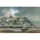 DAVID BELLAMY watercolour - Tenby town from the shoreline with boats, signed, 27 x 41cms (framed and