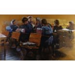 KEITH BOWEN pastel - entitled 'Young Amish Schoolgirls in the School House', original drawing from