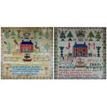 TWO FRAMED VICTORIAN WELSH WOOL SAMPLERS WORKED BY TWO GENERATIONS OF AN ANGLESEY FAMILY both of