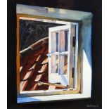 ROB PIERCY watercolour - interior scene with open window and rooftop, entitled verso '