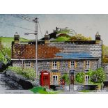 HOWELL DAVIES acrylic on board - village with traditional telephone box, entitled verso 'Post