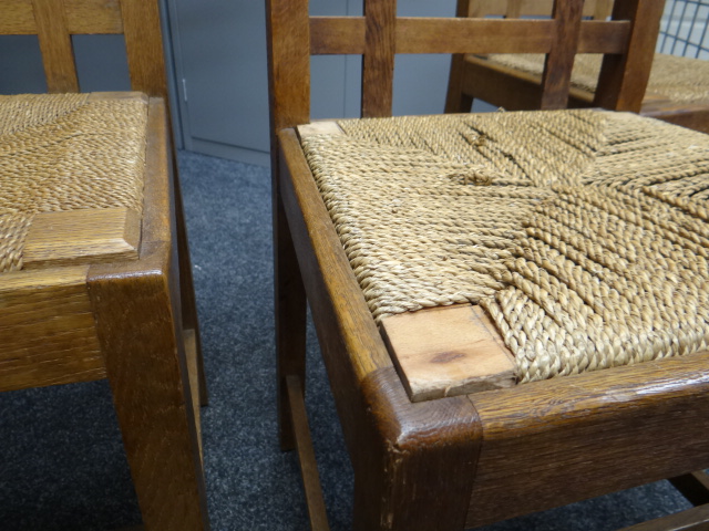 SIX RUSH SEATED BRYNMAWR OAK CHAIRS having lattice backs - Image 5 of 13