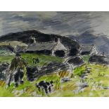 SIR KYFFIN WILLIAMS RA watercolour and pencil - upland Snowdonia farm with farmer and two sheep