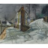 JOHN CLEAL watercolour - quiet South Wales streets at night with signpost, signed, 19 x 23cms (