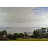 GRAHAM BROOKS watercolour - panoramic coastal view with figures on benches admiring the view,