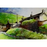 HOWELL DAVIES acrylic on panel - outskirts of South Wales village with path and roof tops, signed