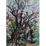 WILL EVANS watercolour - garden scene with blossoming tree and figure of a lady, 50 x 37cms (