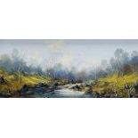 CHARLES WYATT WARREN oil on board - Welsh river scene with silver birches, signed in full, 23 x 54