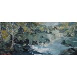 CHARLES WYATT WARREN oil on board - river scene with distant bridge, signed, 23 x 53cms