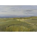 JOHN PELL gouache - coastal landscape with distant beacon, entitled verso 'Llanddwyn From