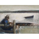 WILL ROBERTS oil on canvas - single seated figure beside the water with single boat, entitled