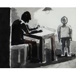 JOSEF HERMAN pen and inkwash - interior scene with boy standing under a lamp beside an adult