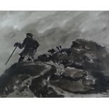 SIR KYFFIN WILLIAMS RA inkwash - dramatic Snowdonia scene with farmer and two sheep dog on