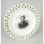 A DILLWYN POTTERY COMMEMORATIVE PLATE FOR JAMES TEAR, PRESTON and inscribed 'The indefatigable