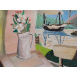 EMRYS WILLIAMS oil on canvas box frame (unframed - no glass) - vase of flowers by a window with