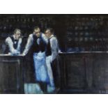 LUCY DICKENS oil on canvas - three restaurant worker figures in uniform talking at the bar, entitled